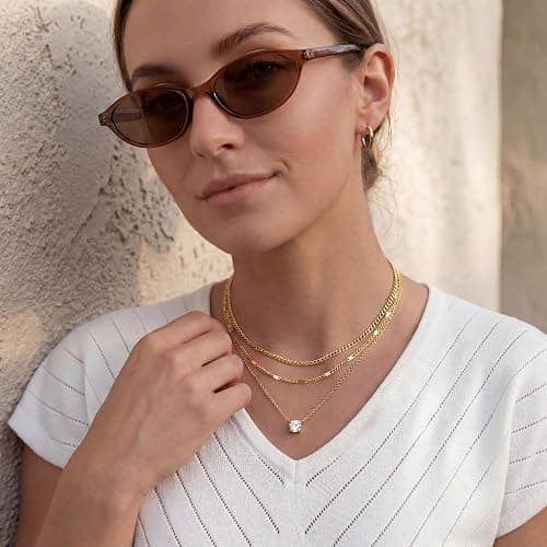WomenGifts Layered Gold Necklaces for Women, 14K Gold Sterling Silver Plated Dainty Pendant Necklace Set Non Tarnish, Chunky Stackable Cuban Chain Choker, Trendy Birthstone Vacation Jewelry Gift thumbnail 4