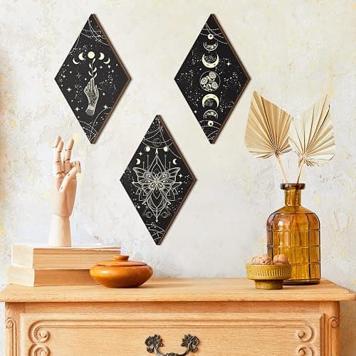 Ferraycle 3 Pcs Rustic Boho Wall Decor Moon Phases Butterfly Wall Art Stars Moon Decor Minimalist Room Decoration Wooden Gothic Witchy Pediments Hanging Sign for Home(6.7 x 11.8 Inch,Black, Gold) thumbnail 6