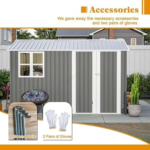 BIRCHTREE Garden Shed Steel Apex Roof House Outdoor Backyard Storage With Lockable Double Doors Window Free Foundation Tool Equipment Organizer Air Vents 10x8FT Grey thumbnail 7