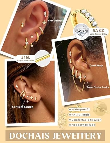 Dochais Hypoallergenic Flatback Stud Hoop 14K Gold Plated Earrings Stacks - Surgical Stainless Steel Earring Set Chain Cartilage Earrings - Small Ear Piercing Flat Back Earring for Women Trendy thumbnail 2