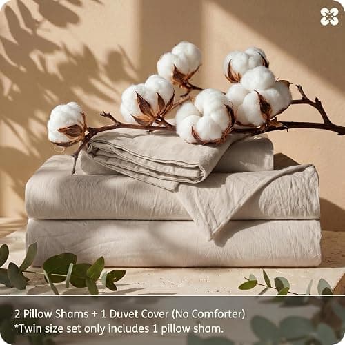 Bedsure 100% Washed Cotton Duvet Cover Queen Size - Oatmeal Minimalist Bedding Set Linen Like - PureWoven Plain Simple & Soft Comforter Cover for All Seasons (Oatmeal, Queen, 90"x90") thumbnail 8