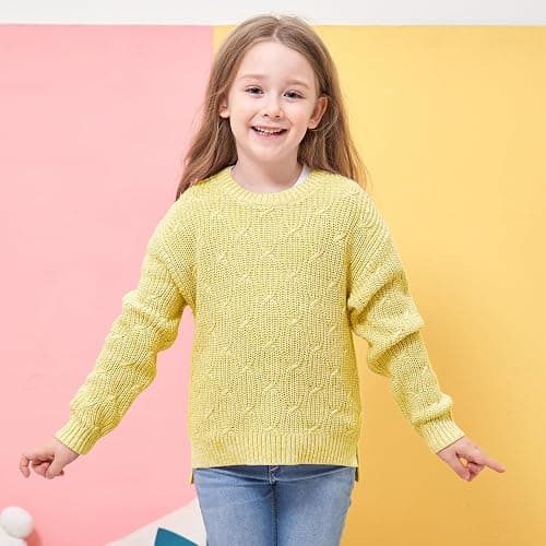 TRENDSTITCH Girls Sweaters Crewneck Long Sleeve Pullover Jumper Cotton Fall Chunky Fancy Cable Knit Sweater with Side Slit thumbnail 2