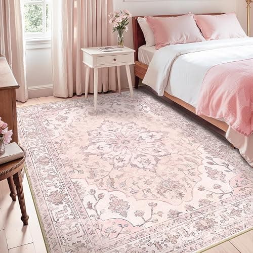 RELEANY Area Rugs 5'x7' Washable Non-Slip, Floral Vintage Distress Print Pattern Medallion Carpet for Living Room Bedroom Dining Room, Pink Greypink Cute | Non-Slip, Washable, Pattern, Distress Print, Cute thumbnail 3