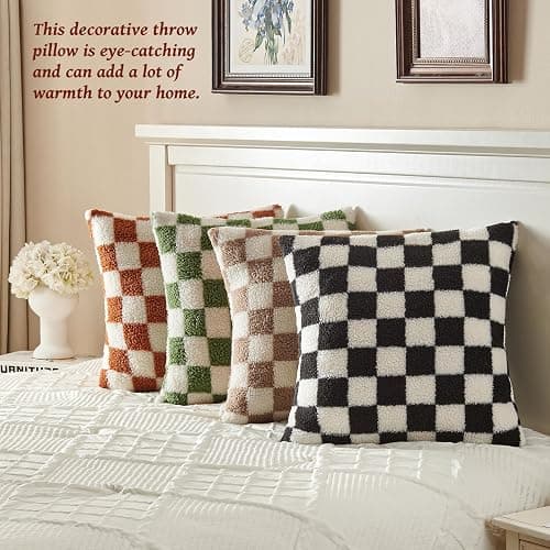 AmHoo Pack of 2 Decorative Throw Pillow Covers Checkerboard Luxury Super Soft Faux Fur Wool Set Case Cushion for Couch Sofa Bedroom 18 x 18-Inch Sage Green thumbnail 7