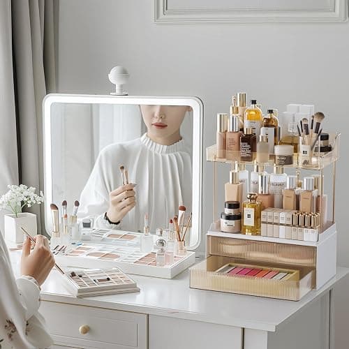 Delamu 4-Tier Makeup Organizer, Bathroom Counter Storage, 2 Drawers, Amber | Elegant Vanity Organizer Gift for Women, Holds Perfume, Skincare, Nail Polish & Hair Accessories for Bathroom Countertop thumbnail 4