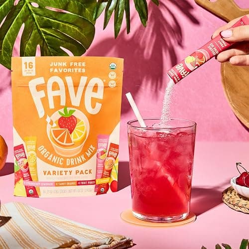 FAVE Variety Pack USDA Organic Drink Mix, 16 Stick Pouch | Lemonade, Strawberry Lemonade, Fruit Punch and Tangy Orange. Four flavors, 16 sticks. thumbnail 7