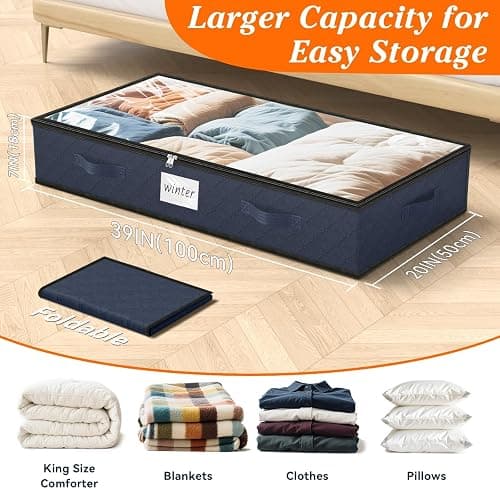 SpaceWhisper 90L Under Bed Storage Containers, 4-Pack Storage Bins with Clear Top, Foldable Closet Organizers and Storage with Label Holder for Clothing, Blankets, Comforter & Pillows(Blue) thumbnail 2