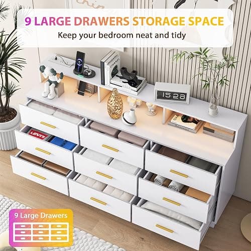 knoworld White 9 Drawer Dressers for Bedroom, Modern Large Dresser with LED Light and Power Outlet, Wooden Long Dresser, Triple Dressers for Bedroom, Living Room, Entryway, Hallway thumbnail 3