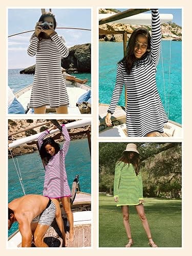 Saodimallsu Womens Striped Pullover Sweater Crew Neck Fall Long Sleeve Trendy Casual Ribbed Knit Tunic Mini Dress thumbnail 5