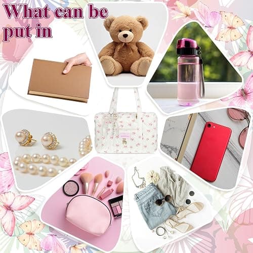 Yeyeplum Pink Coquette Bag White Floral Handbag Kawaii Handbag Coquette Bow Quilted Duffle Bag for Women Shoulder Purse with Bow Pearl Keychain for Christmas Gifts Business Travel Trip thumbnail 3
