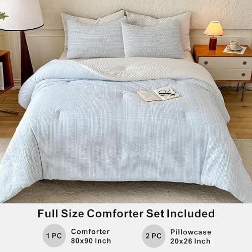 tohrisa Boho Comforter Set Full Size - 3 Pieces Lightweight Jacquard Seersucker Bedding Sets (1 Soft Fluffy Grid Comforter & 2 Pillowcases) - All Seasons Cozy Modern Bed Set(80"x90" Sky Blue) thumbnail 5