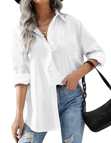 HOTOUCH Women Oversized Button Down Shirts Office Drop Shoulder Blouse Long Sleeve Boyfriend Dress Shirt with Pockets - Image 1