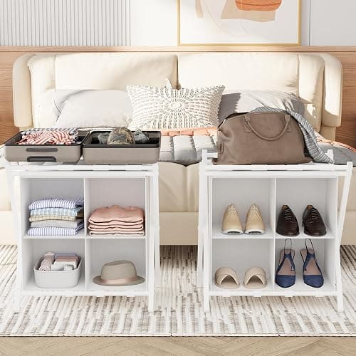 aboxoo Luggage Rack with storage, Guest Room Folding Suitcase Stands, Holds up to 120 lb, Space Saving Suitcase Holders for guest room, Bedroom Hotel, White thumbnail 3