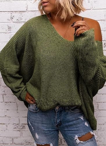 BZB Women's V Neck Long Sleeve Knit Loose Oversized Pullover Sweater Top thumbnail 2