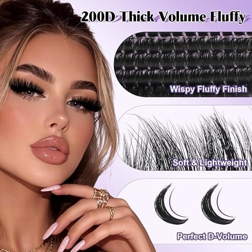 B&Q Fluffy Lash Clusters 200D,Dramatic Full Eyelash Clusters Volume 10-18mm | Thick Cluster Eyelash Extensions, Supersoft 05mm Wide Band Individual Lashes,Wispy Full Cluster Lashes，D Curl Lashes Clusters thumbnail 3
