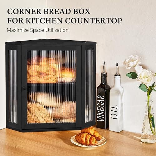 BRONYPRO Double Layer Corner Bread Box for Kitchen Counter with Height-adjustable Partition, Large Black Bamboo Wooden Bread Box for Multiple Loaves, Modern Breadbox for Kitchen Countertop thumbnail 3