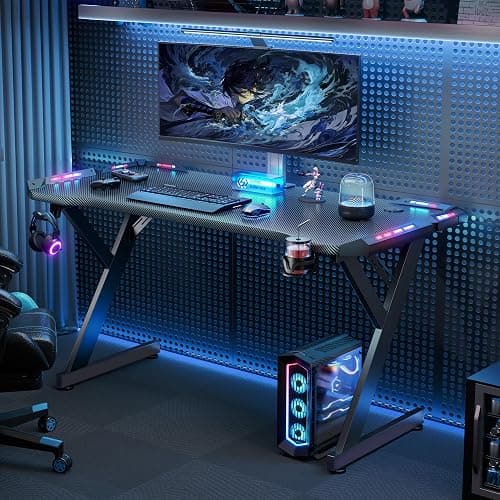 HLDIRECT 40 INCH Gaming Desk with LED Lights, Home Office Gamer Desk, Ergonomic Computer Table with Large Carbon Fiber Desktop, Office Workstation, Cup Holder & Headphone Hook, Black thumbnail 6