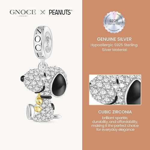 GNOCE Peanuts Snoopy Hugging Woodstock Diamond Pendant Dangle Charm for Women, S925 Sterling Silver Dangle Charms for Women Wife, Valentine‘s Day, Mother’s Day Jewelry thumbnail 7