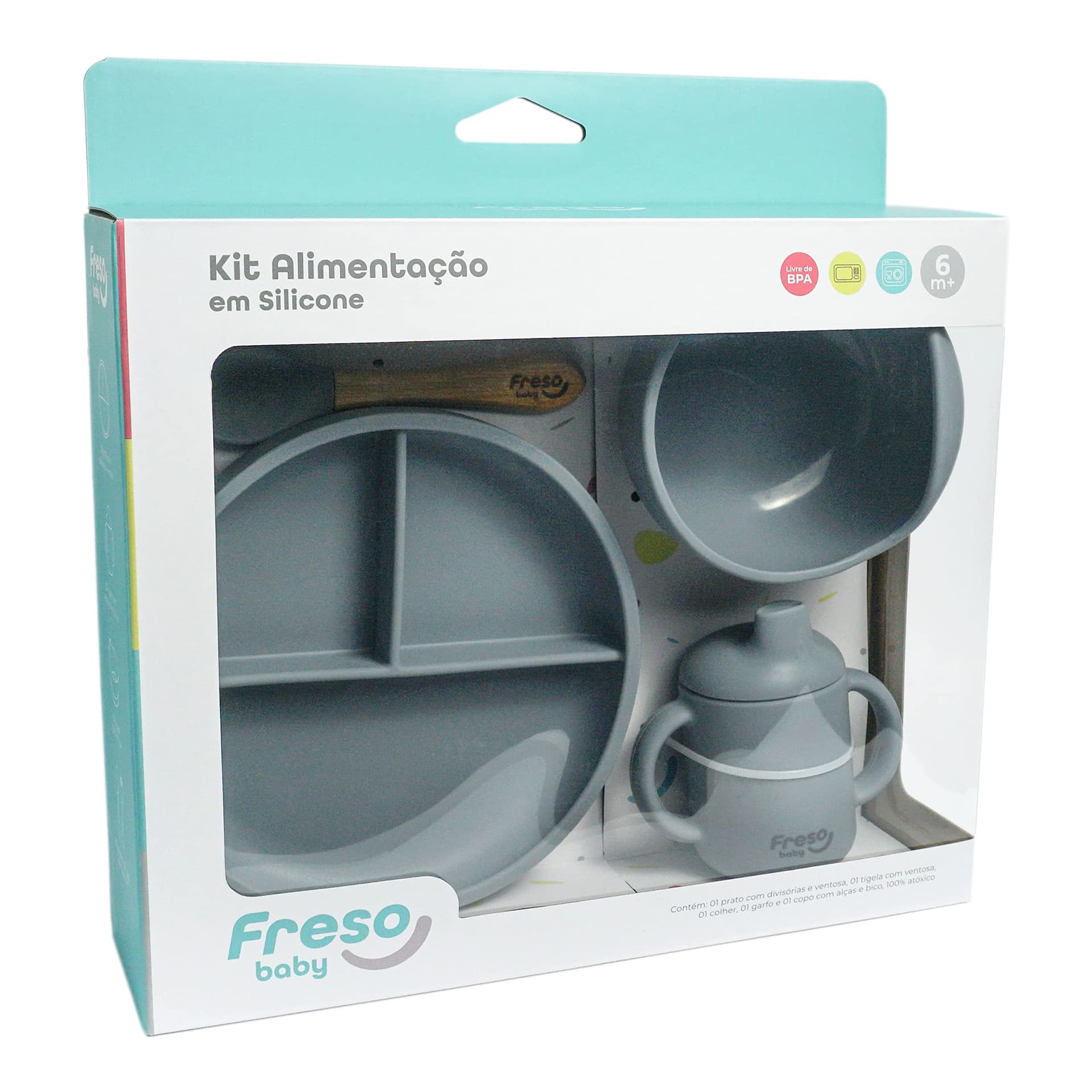 Freso Baby Kit Alimentação De Bebê Silicone Atóxico Livre Bpa Introdução Alimentar Blw Tigela Prato Ventosa Talher Infantil Fácil De Limpar Cor Cinza - Cinza thumbnail 5