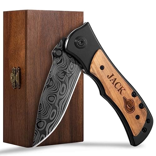 Manual Folding Pocket Knife for Men, Custom Engraved Wood Handle Gift | Laser wave-pattern blade, wood handle, manual folding 6.1in EDC; gift for dad husband son groomsmen birthday thumbnail 3