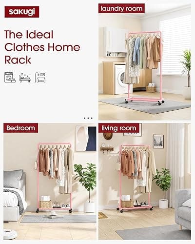 Sakugi Clothes Rack - Clothing Rack with Storage Mesh Shelf & Casters, Heavy-Duty Metal Clothing Rack for Hanging Clothes, Dresses, Coats, Large Load Capacity, Easy Assembly, Pink, 28.0"x16.9"x59.0" thumbnail 9