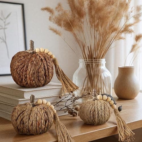 Wesiti 3 Pcs Rattan Pumpkin with Tassel Beads Boho Neutral Fall Thanksgiving Decor Handmade Artificial Woven Pumpkin Table Centerpieces Farmhouse Autumn Decorations for Indoor Mantel Harvest Halloween thumbnail 4
