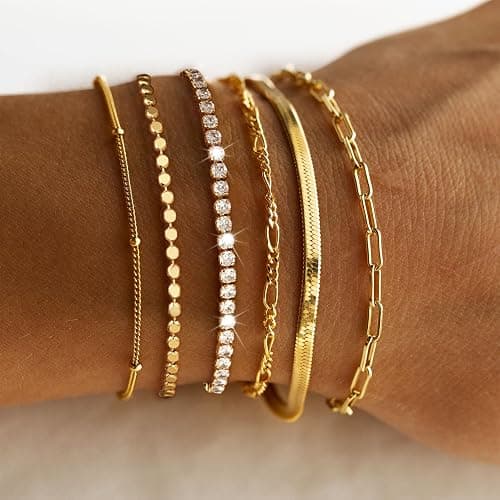 DEARMAY Waterproof Gold Bracelets Set for Women Trendy, Dainty 14K Real Gold Plated Jewelry Fashion Stackable Tennis Beaded Figaro Herringbone Paperclip Link Bracelet Pack Stack Gifts for Women - 6Pcs Gold Bracelets C thumbnail 2