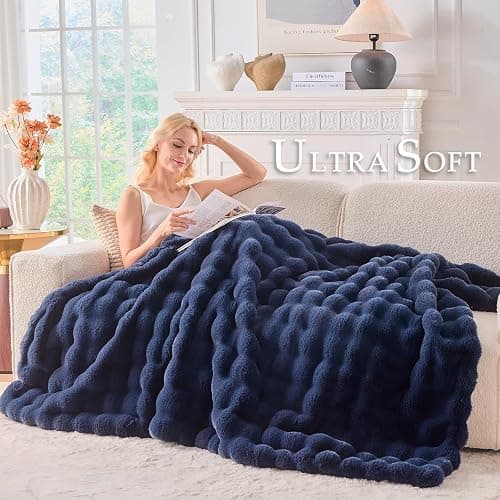 BENVWE Fluffy Faux Fur Throw Blanket for Couch, Soft Plush Thick Cozy Fuzzy Luxury Minky Bubble Blanket for Home Living Room Decor Gift for Women, Navy Blue, 63" x 80", 1100GSM thumbnail 3