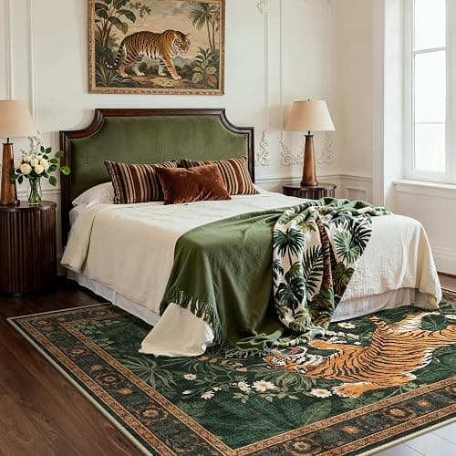 Bavni 5x7 Tiger Print Washable Area Rugs for Living Room Bedroom Non Slip | Vintage Oriental Boho Soft Thin Stain Resistant Low Pile, Botanical Forest Green Animal Carpet for Dining Room Nursery Office thumbnail 3