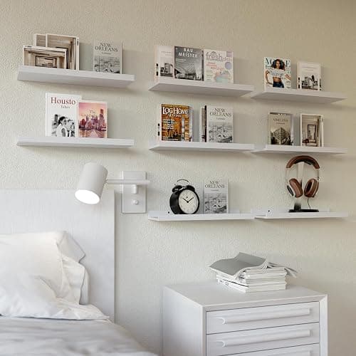 RICHER HOUSE 8 Set Floating Wall Mounted Shelves, Nursery Hanging Book Shelves with Lip for Storage, White Display Picture Ledge Shelf for Bedroom Bathroom Kitchen Living Room Wall Decor, Modern White - White - 8pcs*15.70in thumbnail 2