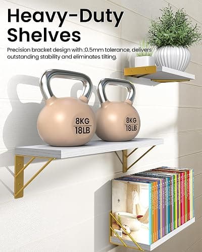 BAYKA Wall Shelves for Bedroom Decor, Floating Wall Shelves for Living Room Kitchen Storage, Wall Mounted Rustic Wood Shelves for Kids Books,Corner Shelves for Bathroom(White and Gold，Set of 3) thumbnail 8