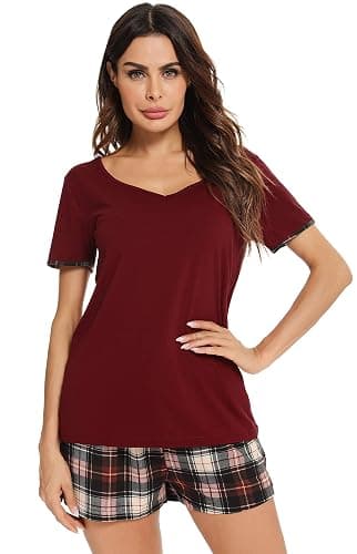 Vlazom Ladies Shorts Pyjamas Sets Soft Cotton Summer Women Pyjamas Set Solid Top and Plaid Shorts Sleepwear Loungewear with Pockets S-XXL thumbnail 3