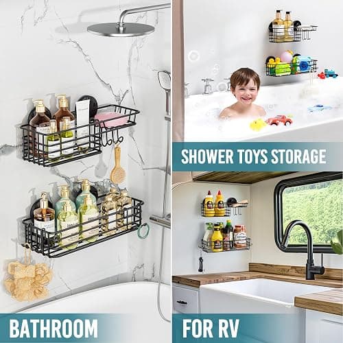 TAILI Shower Caddy Suction Cup 2 Pack with Hooks & Soap holder, Heavy Duty Shower Organizer for Bathroom, No Drilling Bathroom Organizer with Large Capacity, Black Metal Storage Basket thumbnail 6
