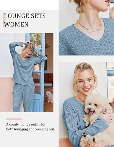 Ekouaer Lounge Sets for Women Long Sleeve Knit Ribbed Pajama Sets 2 Piece Casual Loungewear with Pockets thumbnail 6