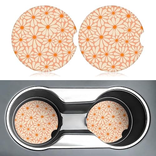 Orange Floral Car Coasters for Cup Holders,2 Pack Car Cup Holder Coasters for Car,Ceramic Absorbent Car Coaster with A Finger Notch and Cork Base,Car Interior Accessories for Women Men thumbnail 3
