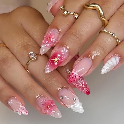 24Pcs Pink Press on Nails Medium Almond Fake Nails with 3D Flower Designs Stick on Nails Pink Gradient False Nails Spring Summer Floral Acrylic Nails Starfish Reusable Glossy Acrylic Nails for Women thumbnail 2