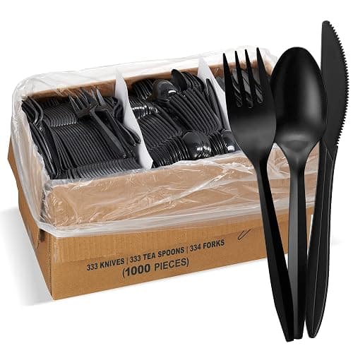 1,000 Plastic Disposable Cutlery Bulk Variety Pack Black Medium Weight Includes 334 forks, 333 knives, 333 soup spoons, Disposable Silverware Plastic Cutlery - Image 1