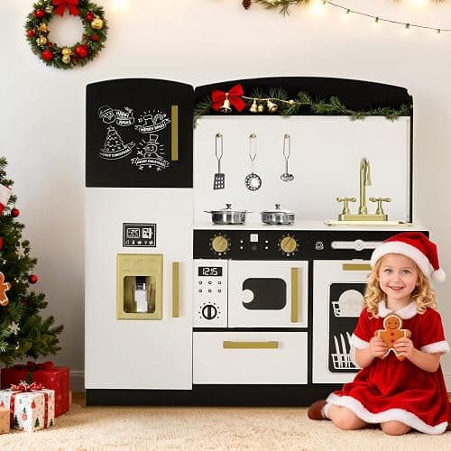 Kinder King Wooden Kids Play Kitchen, Toy Kitchen Playset for Toddler, Play Kitchen Set w/Blackboard, Transparent Coloring Board, Pretend Dishwasher, Oven, Ice Maker, Gift for Boys Girls Age 3+, Black thumbnail 3