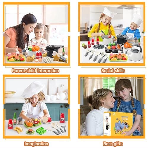 Zero Zoo 105Pcs Kids Kitchen Toy Accessories, Toddler Pretend BBQ Camping Cooking Playset, Play Pots, Pans, Utensils Cookware Toys, Play Food Set, Vegetables, Learning Gift for Girls Boys thumbnail 8