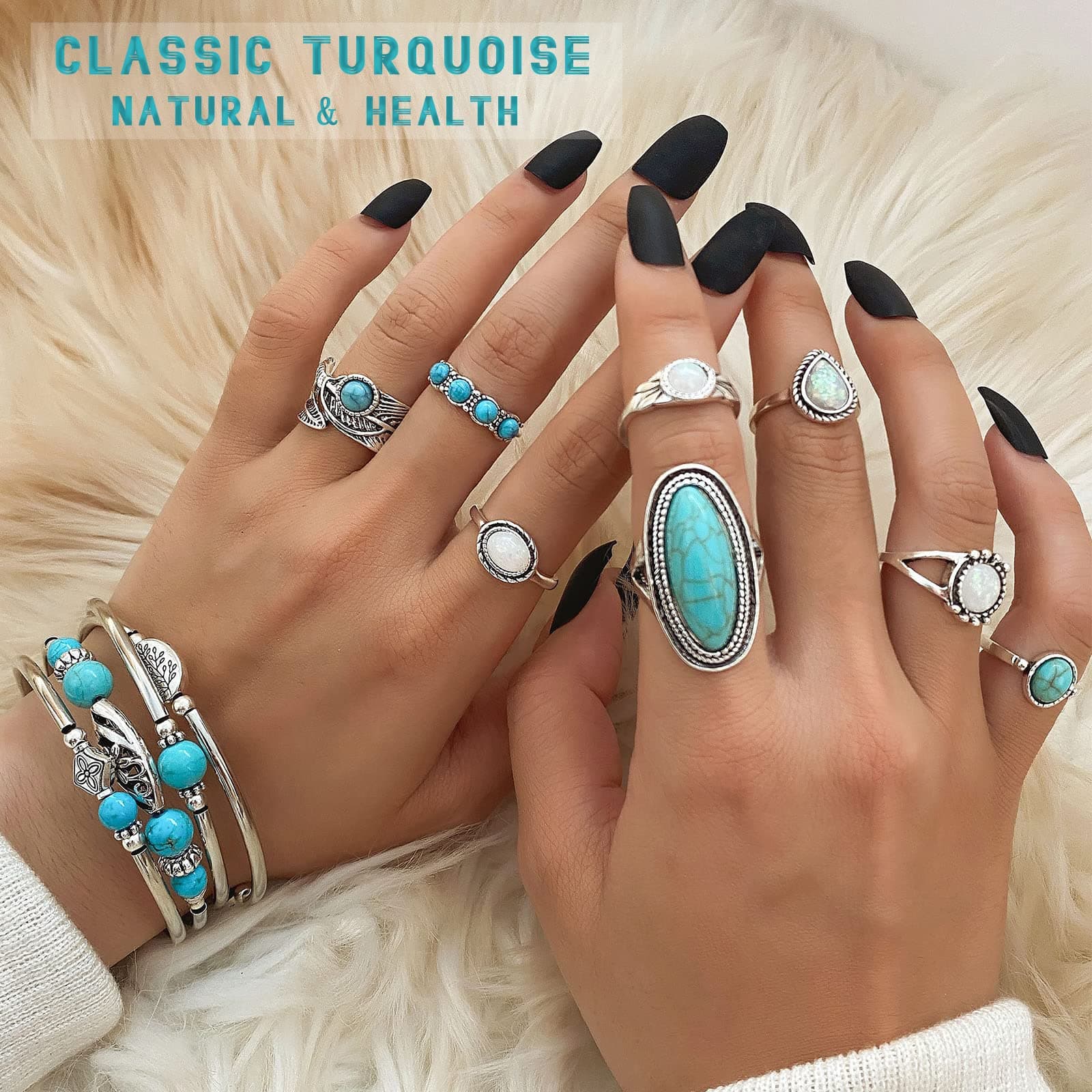 IFKM Bohemian Jewelry Set With Turquoise Necklace, Dangle Earrings, Stackable Bangle Bracelets, Knuckle Rings For Women Vintage Western Boho Turquoise Anniversary Birthday Friendship Gift thumbnail 4
