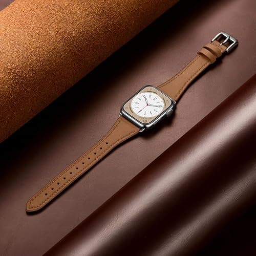 XCCYBTT Bands Compatible with Apple Watch Band 46mm 45mm 44mm Ultra 49mm | Genuine Leather Replacement Strap for iWatch Series 11/10/9/8/7/6/5/4/3/2/1 SE 3/2/1 Ultra 3 2 1 Women, Brown/Silver thumbnail 2