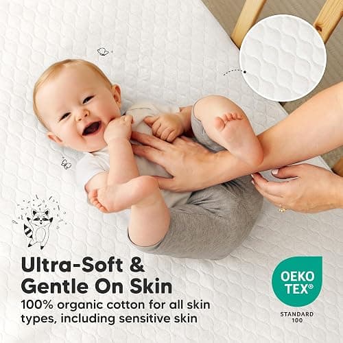 2-Pack Waterproof Crib Mattress Protector Cover Fitted - Quiet Baby Crib Mattress Pad Sheets, 52" x 28" Soft Quilted Cotton Baby Sheet, Machine Washable, Easy Fit, Durable (Soft White/Mavy) thumbnail 5