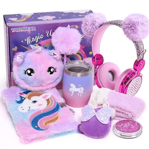Unicorn Gifts for Girls 6 7 8 9 10 11 12 Years Old with 3.5mm Wired Headphones Locked Notebook Plush Bag Purse Socks Mirror Water Bottle Kids Unicorn Toys Christmas Birthday Gift for Teen Age 6+ - Image 1