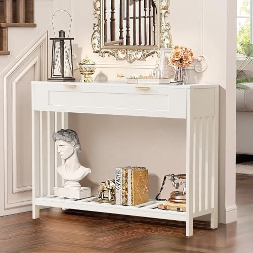Entryway Table with Drawers Narrow Accent Sofa Table with Storage Shelf, Modern Wooden Console with Drawer Entry Table Storage Slats Shelf for Living Room,Entryway, Foyer, Hallway, White - Image 1