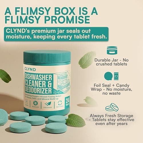 CLYND Dishwasher Cleaner and Deodorizer Tablets - 24 Pack Deep Clean Dishwasher Cleaning Tablets, Heavy Duty Streak-free Shine Dish Washer Cleaner, Natural Descaler and Odor Eliminator 12 Month Supply thumbnail 6