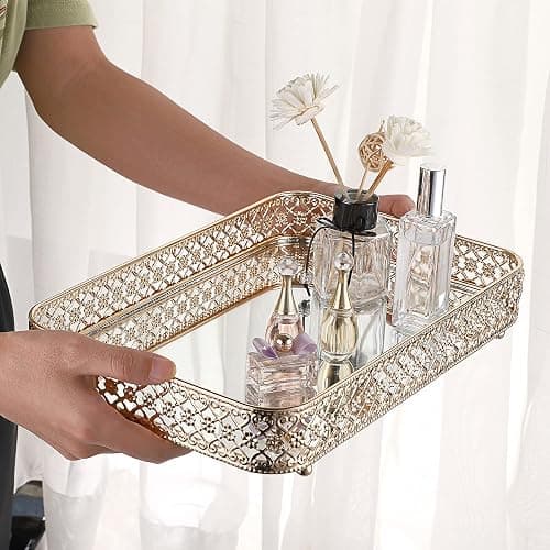 ELLDOO Perfume & Makeup Vanity Tray - Hollow-Carved Jewelry Storage, Glass & Metal Trinket Organizer for Dresser & Bathroom Countertop, Gold, Medium Size thumbnail 7