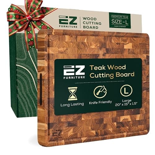 EZ FURNITURE Non-Toxic Teak Wood Cutting & Serving Board, Luxury Ideal Christmas Gift for Kitchen, Knife Friendly, Pre-Oiled End Grain with Juice Groove & Handles (L 20" x 15" x 1.5", 11.90 lbs) - Image 1