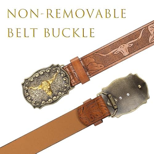 Eohak Mens-Western-Cowboy-Belt - Longhorn-Bull-Pattern-Buckle-Belt Floral-Engraved-Buckle-Belt Fit 25" to 38" Waist thumbnail 7