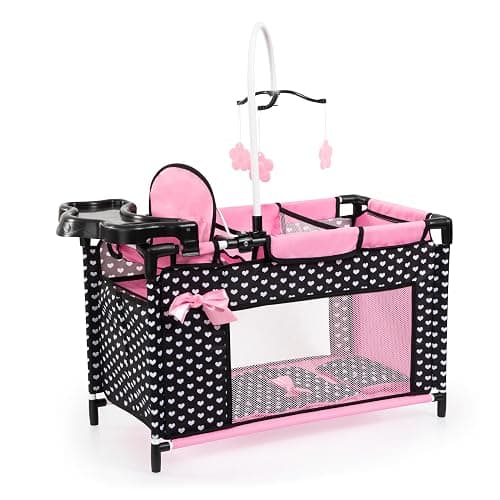Doll bed with integrated high chair, changing table, mobile, black, pink | changing table, mobile, clothes hanger, doll accessories for sleeping - Image 1