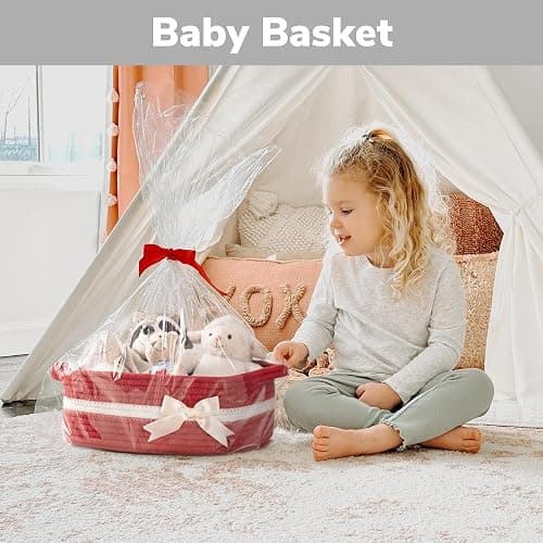 CHICVITA Small Woven Rope Gift Basket, Decorative Burr Basket, Red | 13" x 10" x 5" Storage Baskets for Toys & Baby Essentials, Fits Nursery & Bedroom Organization, Built-In Handles, Bow Design thumbnail 2